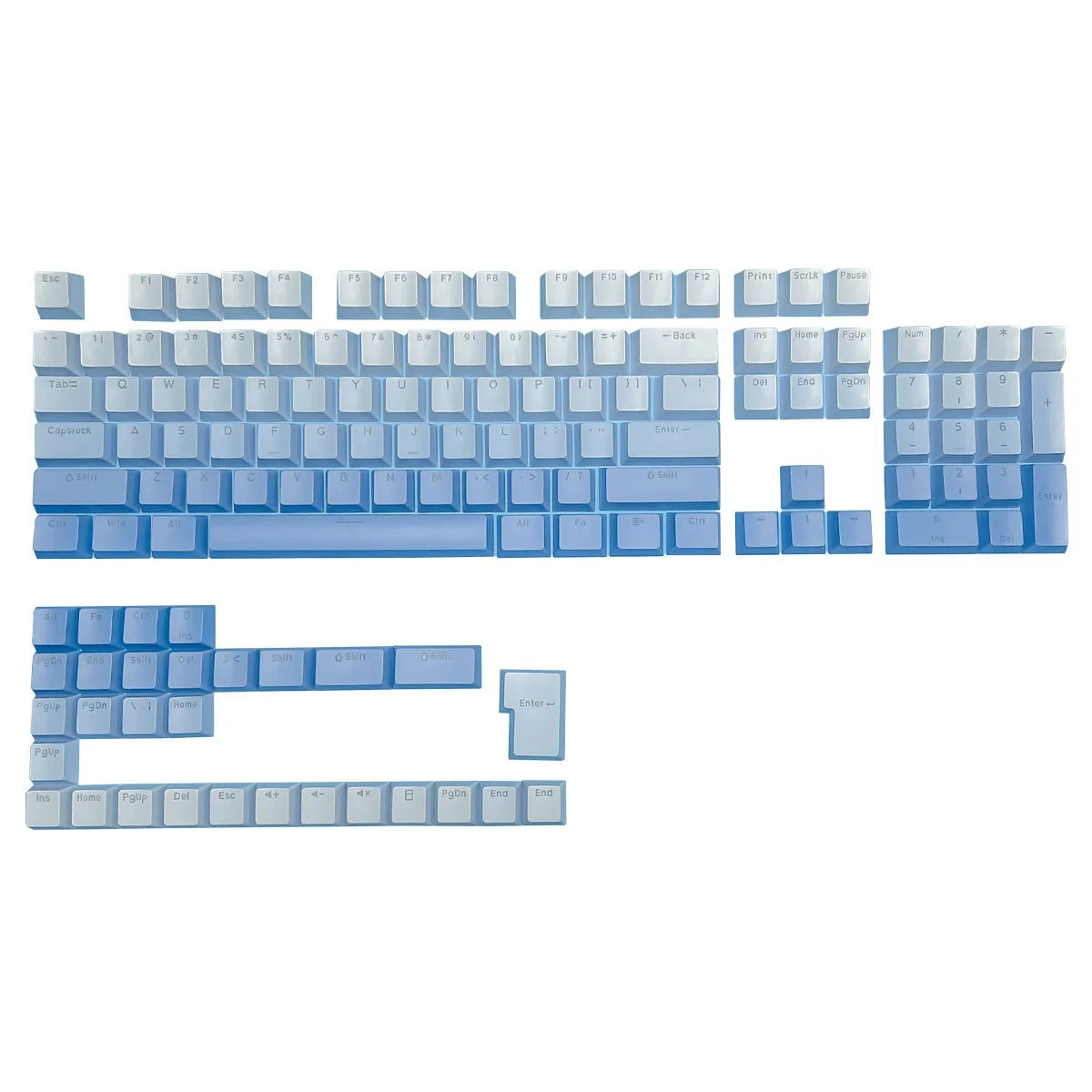 RGB-Gamer-Tastenkappen mit Farbverlauf-Hintergrundbeleuchtung für mechanische Tastaturen mit MX-Switches, OEM-Profil, PBT-Keycaps, Weiß/Blau, ISO-Layout, DIY-Tastenkappen