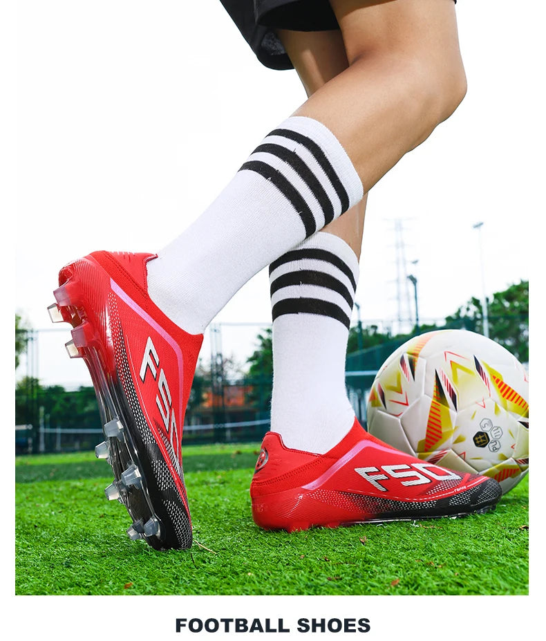 Novas chuteiras de futebol para homem, sapatilhas de futsal para exterior, jogo em relva, antiderrapantes, calçado de futebol de alta qualidade com pitões, best-seller, cano alto, leve