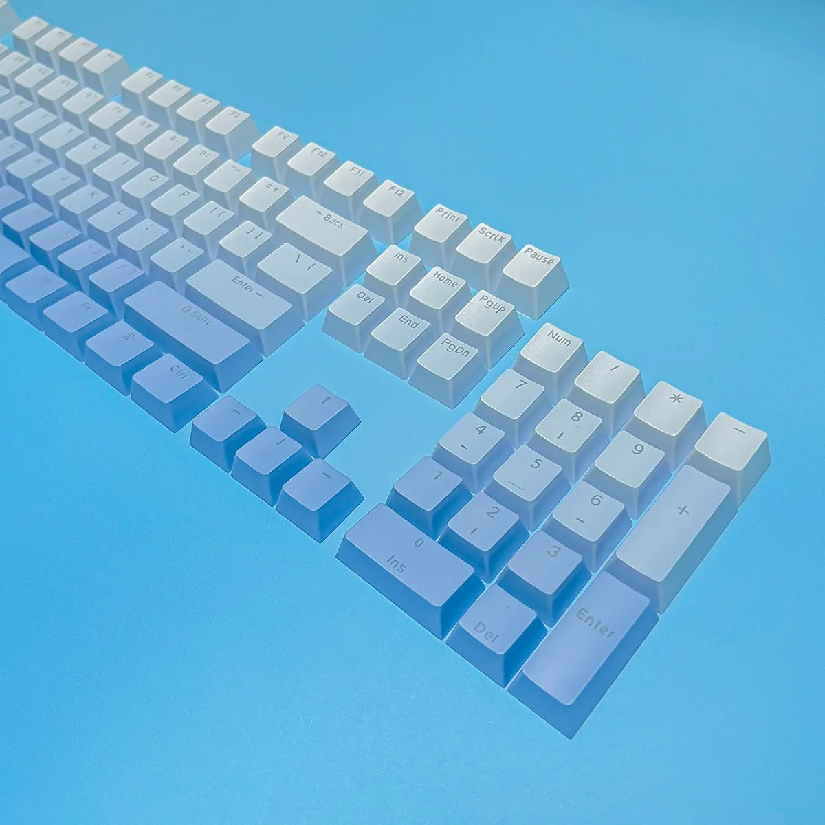 RGB-Gamer-Tastenkappen mit Farbverlauf-Hintergrundbeleuchtung für mechanische Tastaturen mit MX-Switches, OEM-Profil, PBT-Keycaps, Weiß/Blau, ISO-Layout, DIY-Tastenkappen