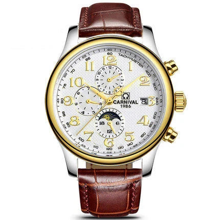 Carnival Brand Automatic Watch, Fashion Luxury Waterproof Calendar with Moon Phase, Mechanical Watches for Men