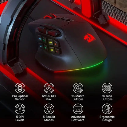 Геймърска MMO мишка Redragon M811 Aatrox, кабелна RGB мишка за геймъри с 15 програмируеми бутона и ергономичен дизайн за естествен захват