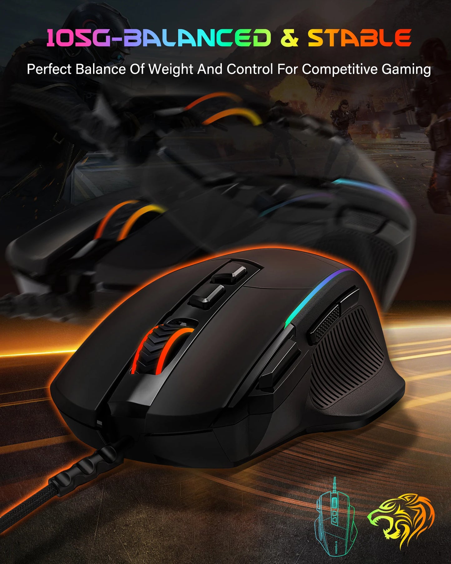 Mouse da gaming cablato E-YOOSO X49, 12400 DPI regolabili, retroilluminazione RGB, 8 pulsanti programmabili, mouse ergonomico per gamer per PC e laptop