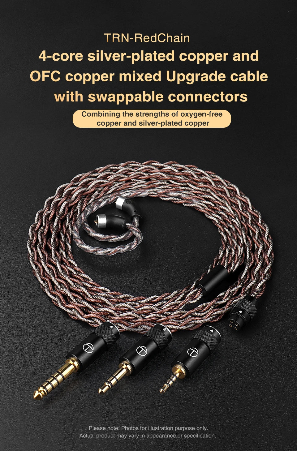 TRN RedChain Earphones Silver-Plated Copper OFC Copper Upgrade Cable with Swappable Connectors 2.5/3.5/4.4 For TRN MT1 MAX TA4