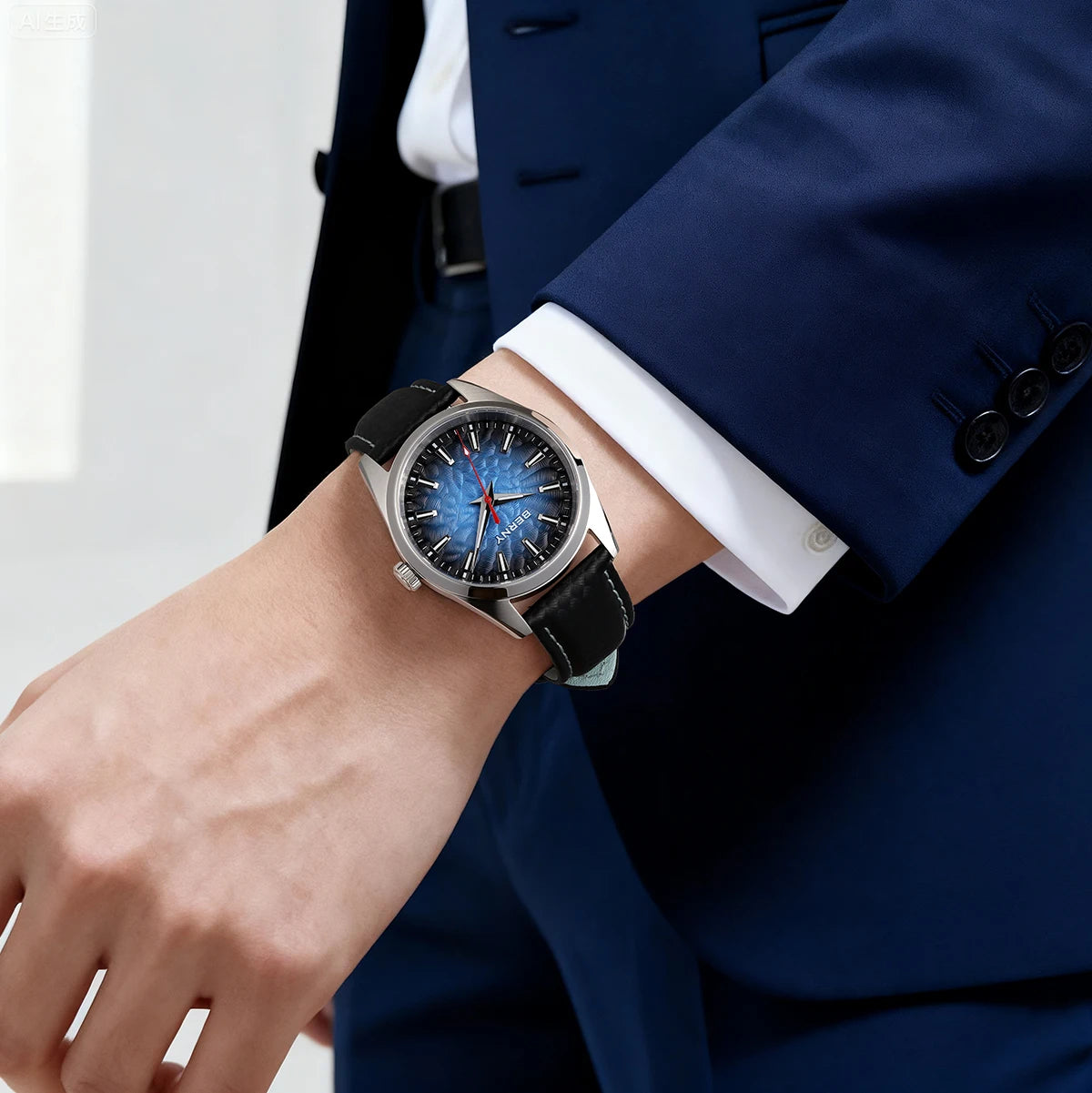 Montre pour homme BERNY – Montre à quartz élégante et classique, étanche à 10 ATM, dotée d'un verre saphir et d'aiguilles luminescentes, idéale pour une tenue habillée ou professionnelle, avec bracelet en cuir.