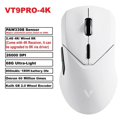 Rapoo VT9PRO PAW3398 безжична геймърска мишка 68g, кабелна, програмируема, ергономична, 26000DPI, презареждаема чрез Type C, аксесоар за PC геймъри