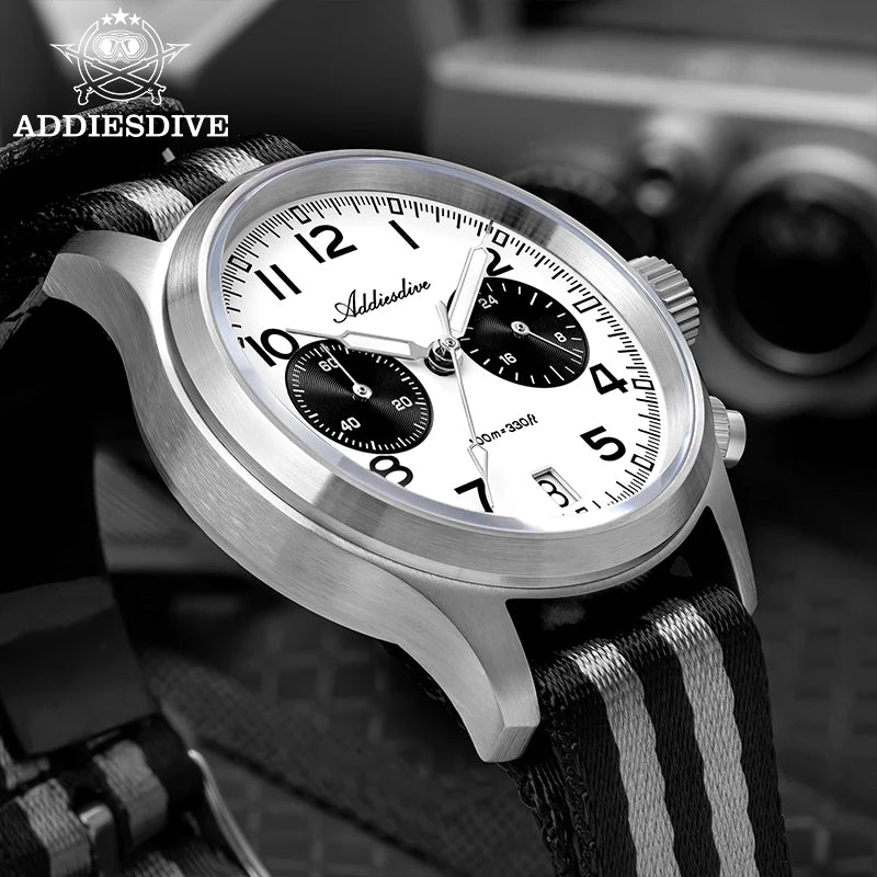 ADDIESDIVE 2025 neue Panda Eye Herrenuhr, Retro-Luxus, VK64 Quarzuhr für Herren, Sport-Chronograph, 100M wasserdicht, leuchtend
