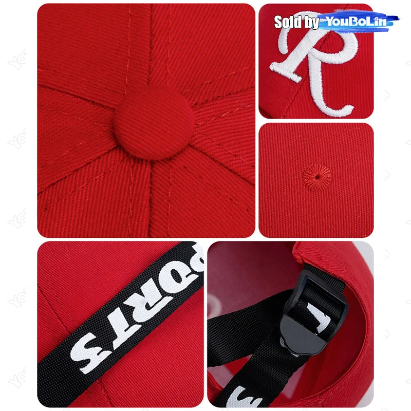 Casquette de baseball à visière rigide ajustable en coton brodé avec ruban en forme de lettre « R », casquette de soleil, casquette de camionneur, casquette hip-hop