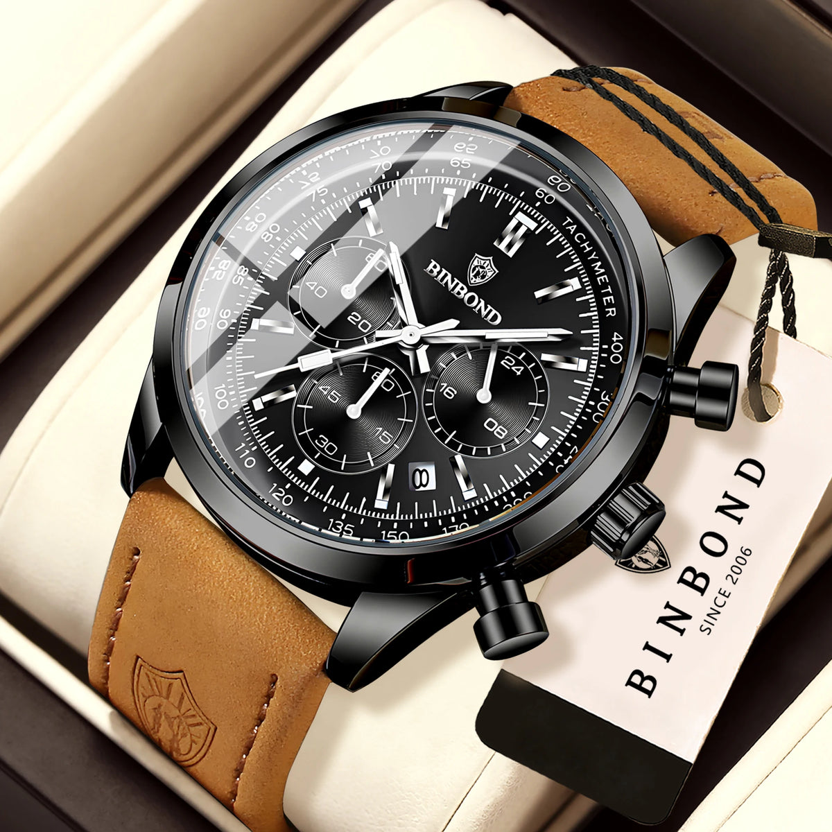 Robuste und präzise BINBOND-Quarz-Chronographenuhr für Herren, luxuriös, mit automatischer Datumsanzeige, Leuchtzeiger und wasserdicht, im lässigen Stil.