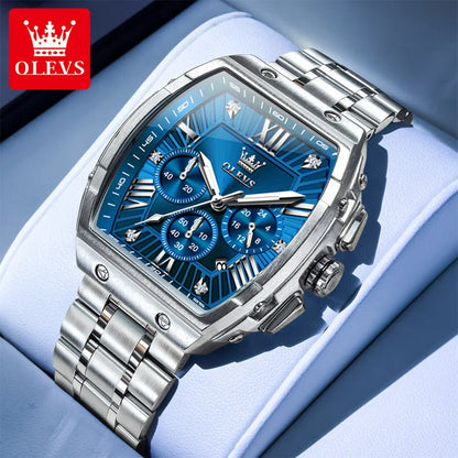 OLEVS New Design Tonneau Watch Men Luminous Waterproof Date Stainless Steel Chronograph Quartz Watches for Men Relogio Masculino