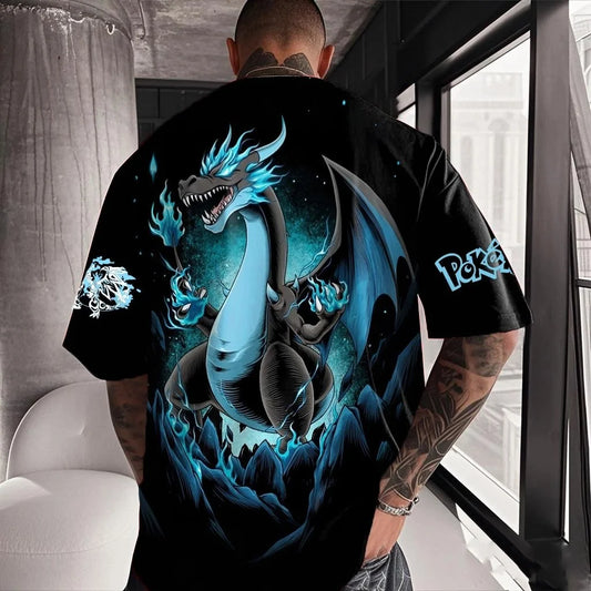Classic Anime Pokemon Charizard Blue Flame Dragon Print Unisex Oversized Short Sleeve T-Shirt Streetwear Tops for Men and Women