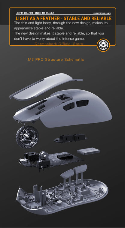 Rato Gaming Darmoshark M3Pro 2.4G BT sem fios Tri-Mode, sensor PAW3395, N52840, 26000DPI, rato com driver macro para mãos grandes e gaming