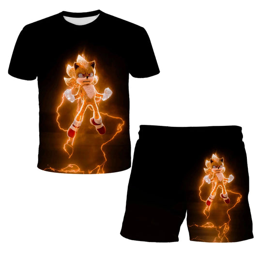 New Boys T-shirt Sonic The Hedgehog 3D T-shirt Set for Boys Girls Cute Summer Top + Shorts Children's Short-Sleeve Birthday Gift
