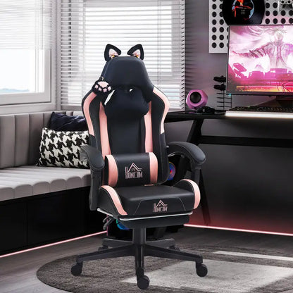 Cat Ear Gaming Chair 135° Reclining Height Adjustable Swivel Chair with Footrest PU Leather Lumbar Support Gaming Chair