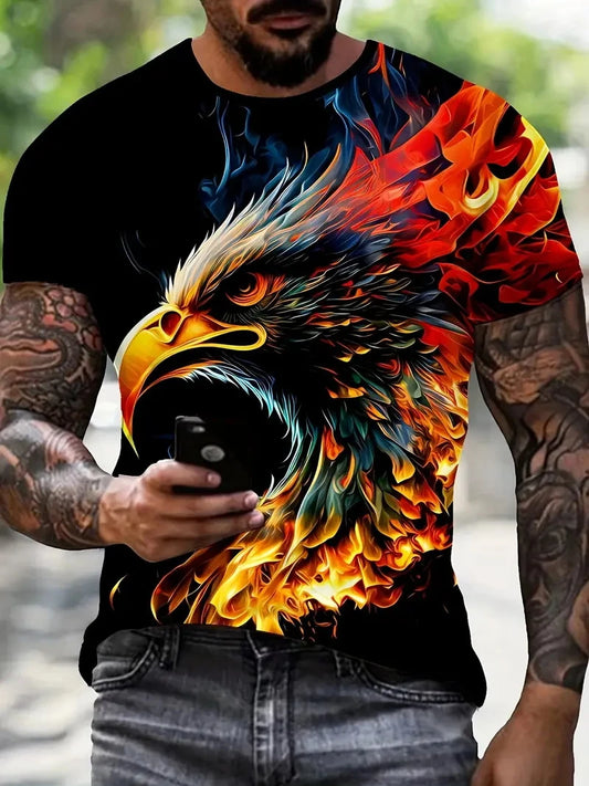 Uusi miesten T-paita coolilla kotkakuviolla – 3D-printti, liekkikotka, kesäinen streetwear, trendikäs lyhythihainen miesten T-paita / yläosa