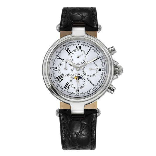BERNY Classic Dress Automatic Watch for Men Luxury Stainless Steel Mechanical Wristwatch Leather Strap Waterproof Silver Watches
