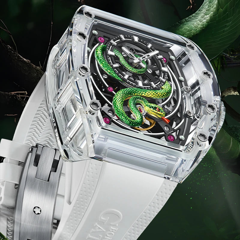 BONEST GATTI Men's Mechanical Watch Sapphire Crystal Double-Sided Hollow Out Luminous 30M Waterproof Snake Pattern Dial Wristwatch