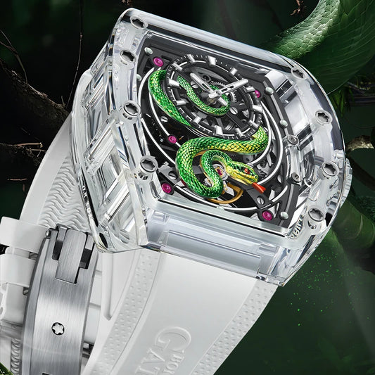 BONEST GATTI Men's Mechanical Watch Sapphire Crystal Double-Sided Hollow Out Luminous 30M Waterproof Snake Pattern Dial Wristwatch
