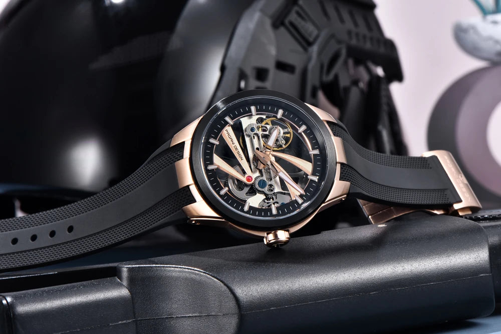 Pánske hodinky PAGANI DESIGN – Luxusný mechanický model s automatickým náťahom, priehľadný ciferník, zafírové sklo s antireflexnou úpravou, vodotesné, luminiscenčné ručičky – Tip na darček pre muža