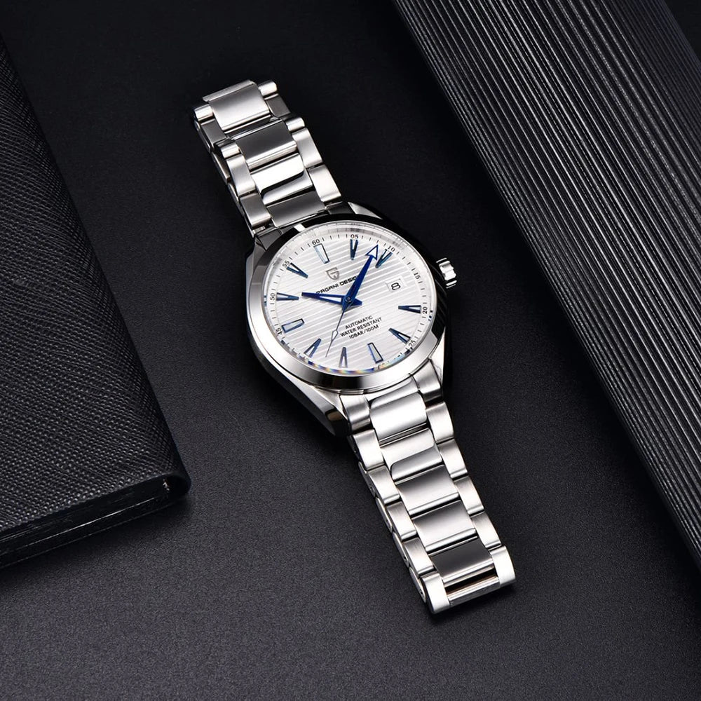 Luxusuhr für Herren von PAGANI DESIGN – Mechanisches Automatikmodell (Kaliber 8215), aus Edelstahl, wasserdicht, mit Datumsanzeige und leuchtenden Zeigern