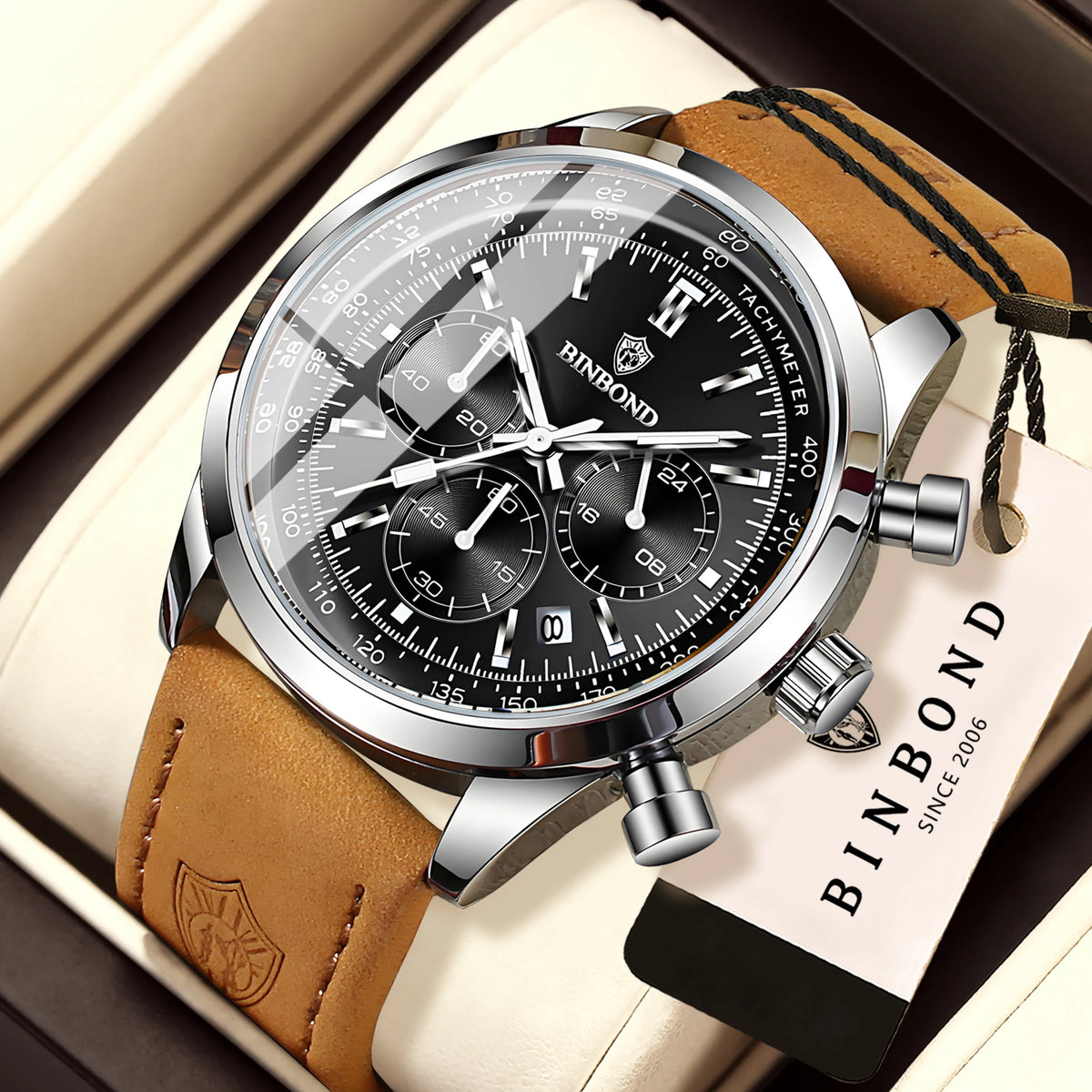 Robuste und präzise BINBOND-Quarz-Chronographenuhr für Herren, luxuriös, mit automatischer Datumsanzeige, Leuchtzeiger und wasserdicht, im lässigen Stil.