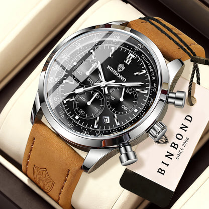 Robuste und präzise BINBOND-Quarz-Chronographenuhr für Herren, luxuriös, mit automatischer Datumsanzeige, Leuchtzeiger und wasserdicht, im lässigen Stil.