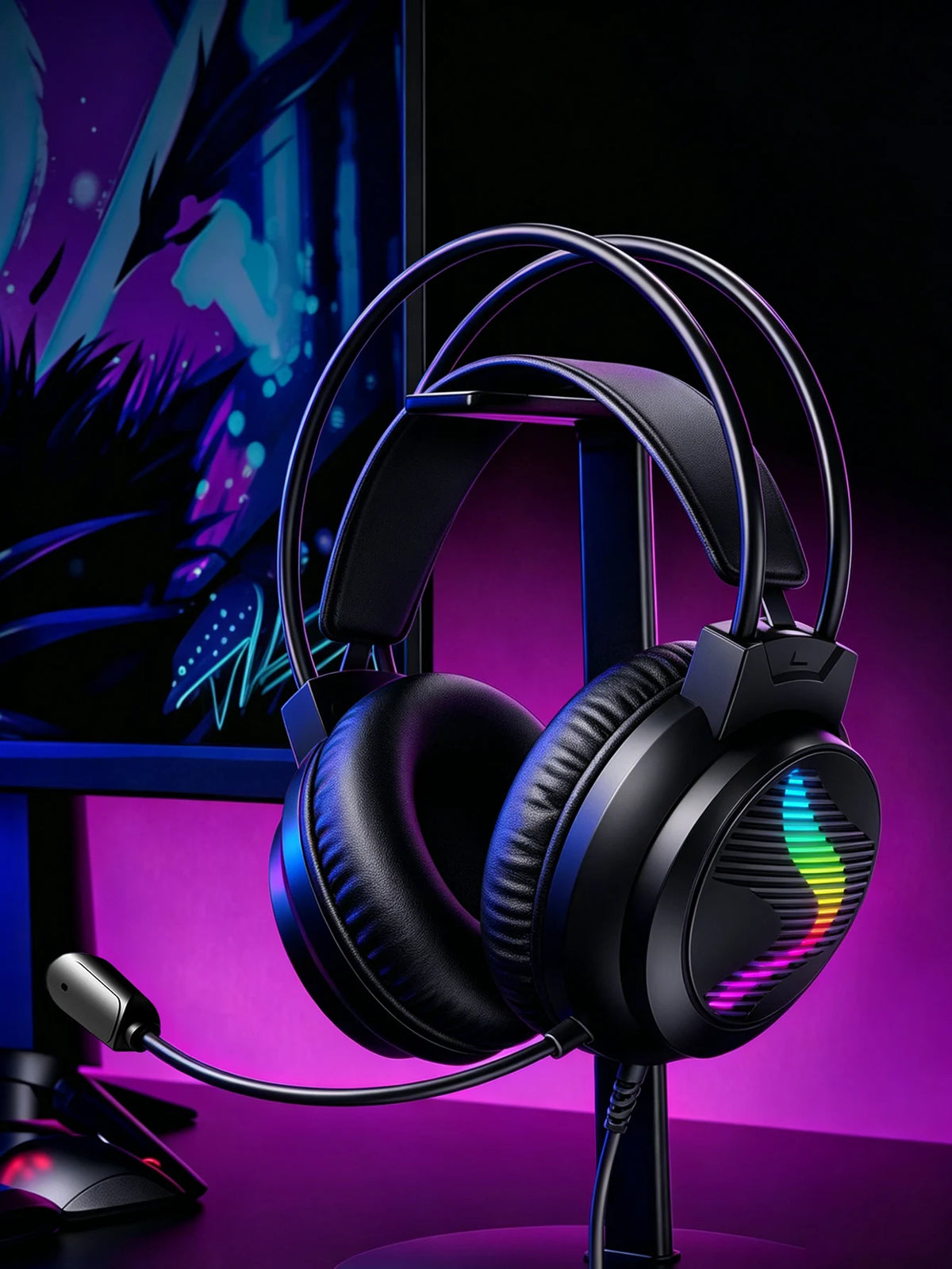 Casque filaire de jeu avec son 360° °   Microphone rotatif et éclairage RGB, conçu spécifiquement pour les cybercafés et le gaming