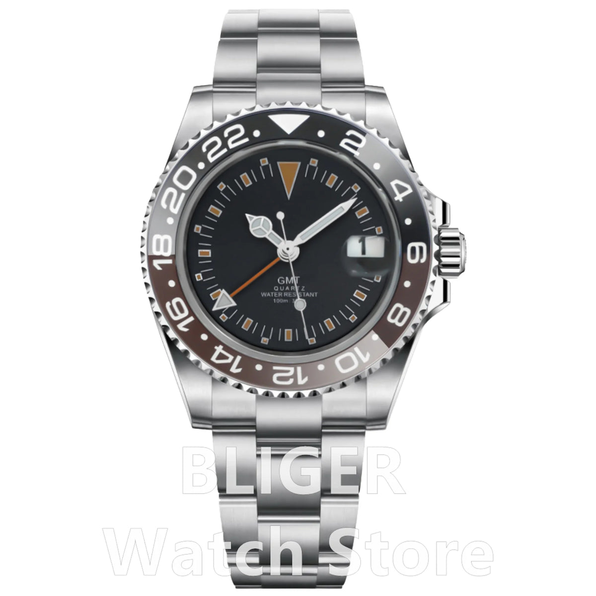 BLIGER 40mm 515 24H GMT Men's Watch Stainless Steel Clasp Luminous Quartz Movement Ceramic Bezel Sapphire Glass 10Bar Waterproof