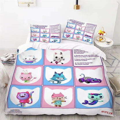Gabbys Dollhouse 3D-gedrucktes Bettwäsche-Set mit Bettbezug und Kissenbezug, Twin Full King, für Kinder und Erwachsene, Schlafzimmer