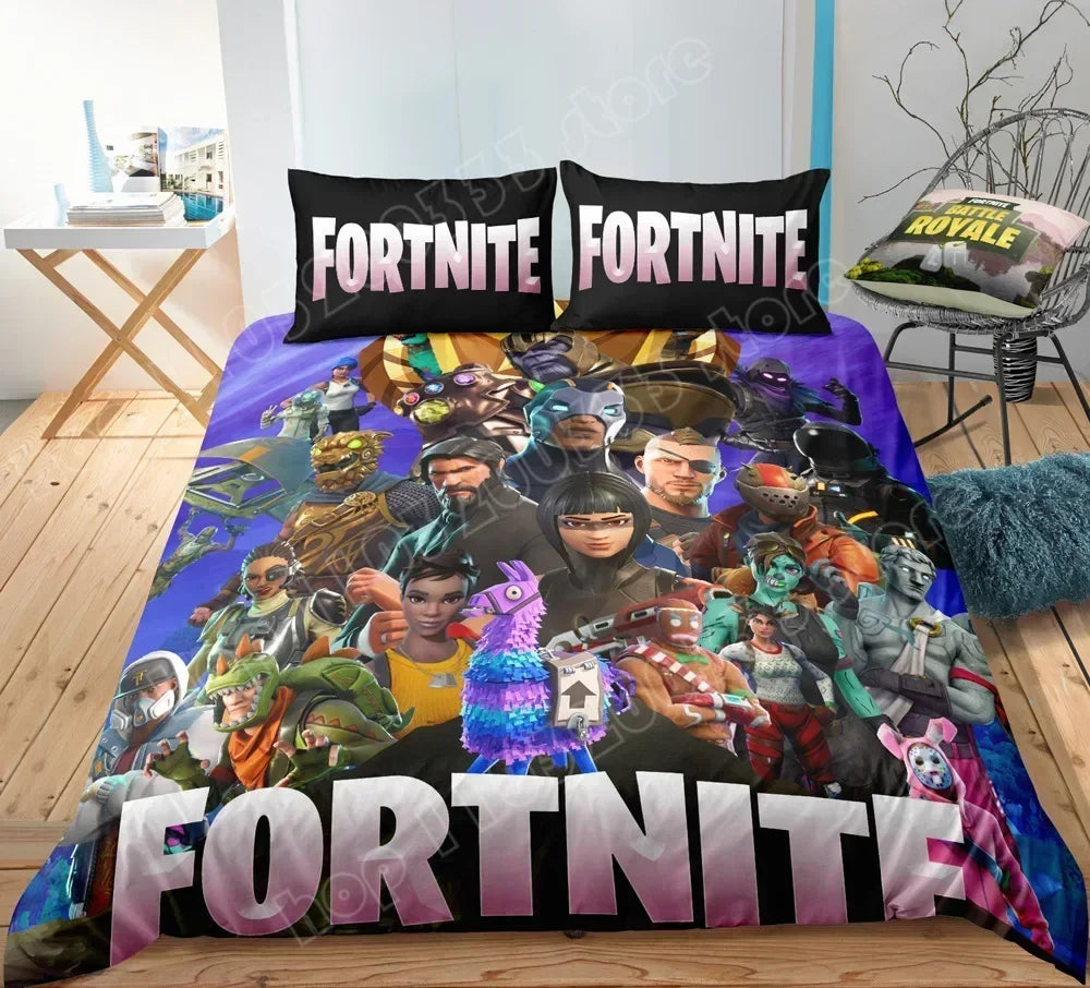 Fortnite-Bettwäsche-Set, Bettbezug, 3-teilig, 3D-bedruckte Schlafzimmer-Bettwäsche, Game-Anime-Cartoon-Kissenbezug, Zimmerdekoration, Geschenk