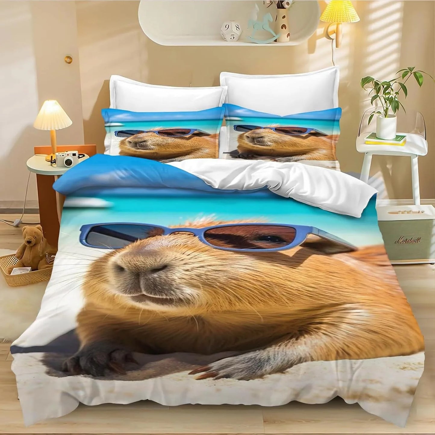 Juego de cama de carpincho de dibujos animados de 4 piezas, funda nórdica y funda de almohada, para adultos, niños y niñas, decoración de dormitorio infantil, tamaño individual y doble
