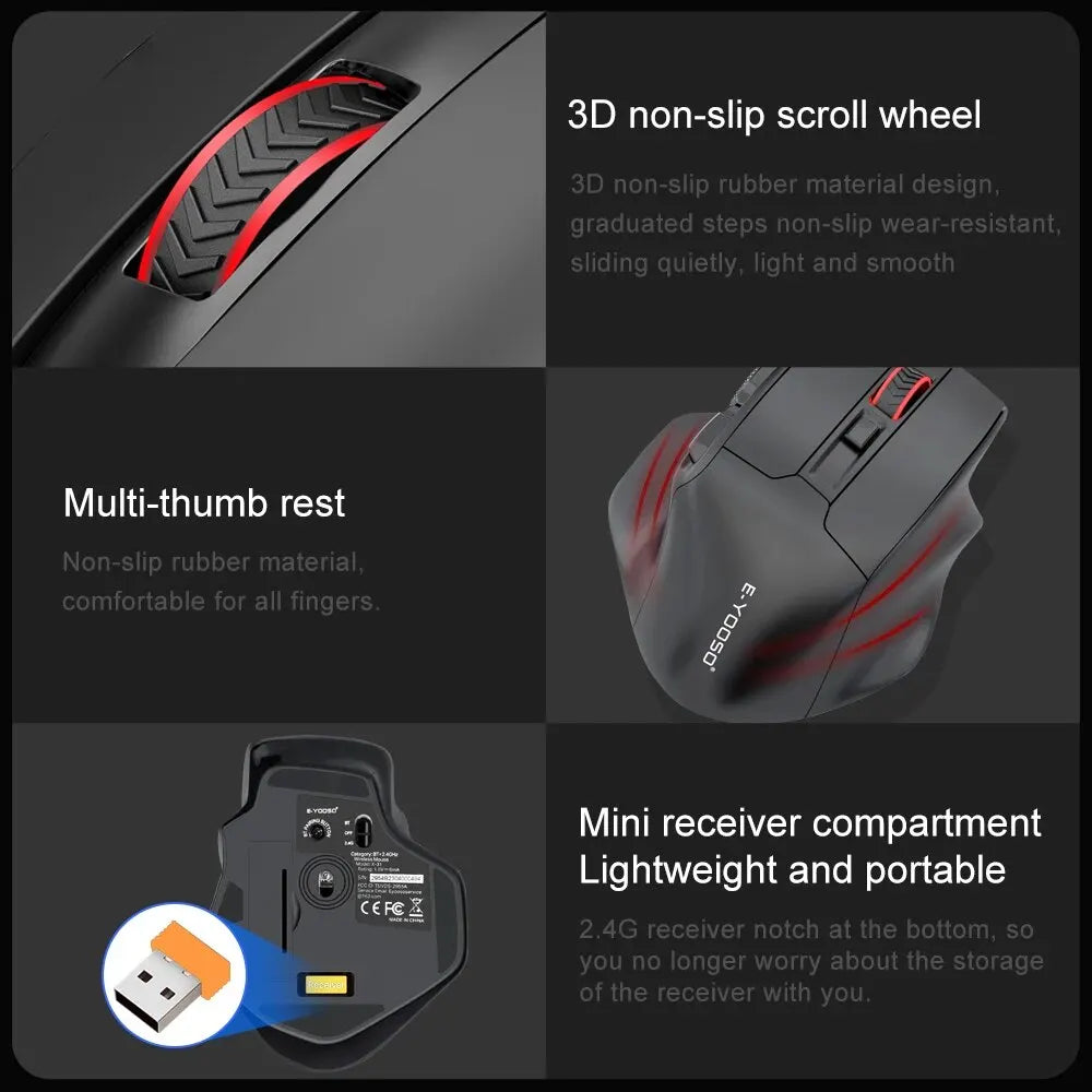 Rato Gaming E-YOOSO X-31 Pro USB Grande com Suporte Bluetooth 2.4G Sem Fios PAW3212 4800 DPI para Gamer, Computador Portátil e PC