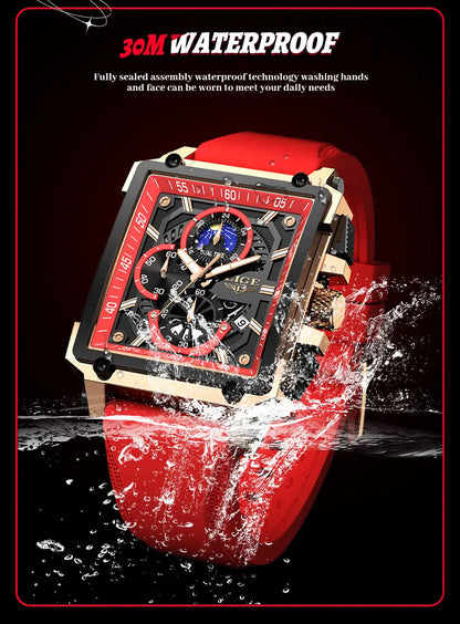 New LIGE Mens Watches Top Brand Luxury Hollow Square Sport Watch For Men Fashion Silicone Strap Waterproof Quartz WristWatch+Box