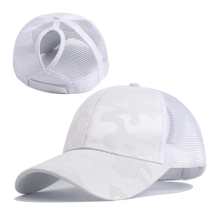 Women's Camouflage Ponytail Baseball Cap  Breathable Mesh Back  Adjustable Snapback  High Ponytail Outdoor Sports Trucker Hat
