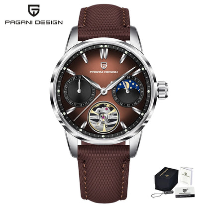 PAGANI DESIGN – Orologio meccanico di lusso da uomo, 41 mm, vetro zaffiro, cinturino in pelle, impermeabile, stile pilota, con tourbillon e fasi lunari