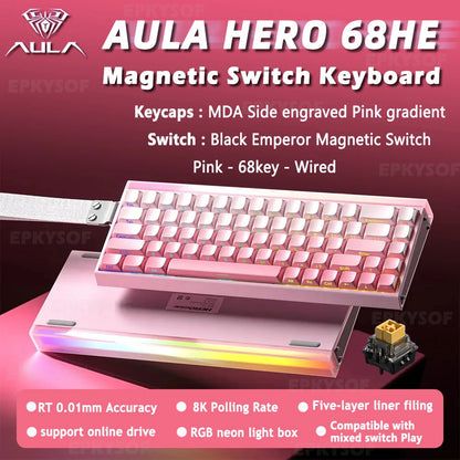 AULA HERO 68HE Teclado Mecânico Gaming RGB com Switch Magnético Rapid Trigger Retorno 8K com Fio Teclado Personalizado para Esports