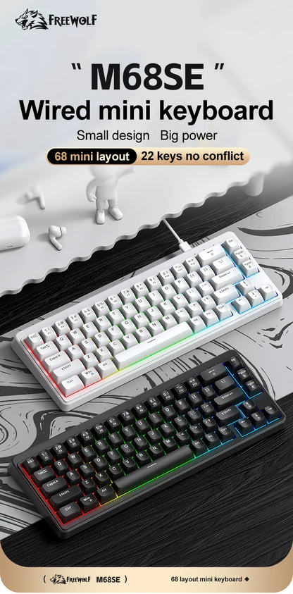 FREEWOLF M68SE Tastatur mit mechanischem Tippgefühl, 68 Tasten, Mini, kabelgebunden, kompakt und leise, für Laptops, Gaming und Bürogebrauch