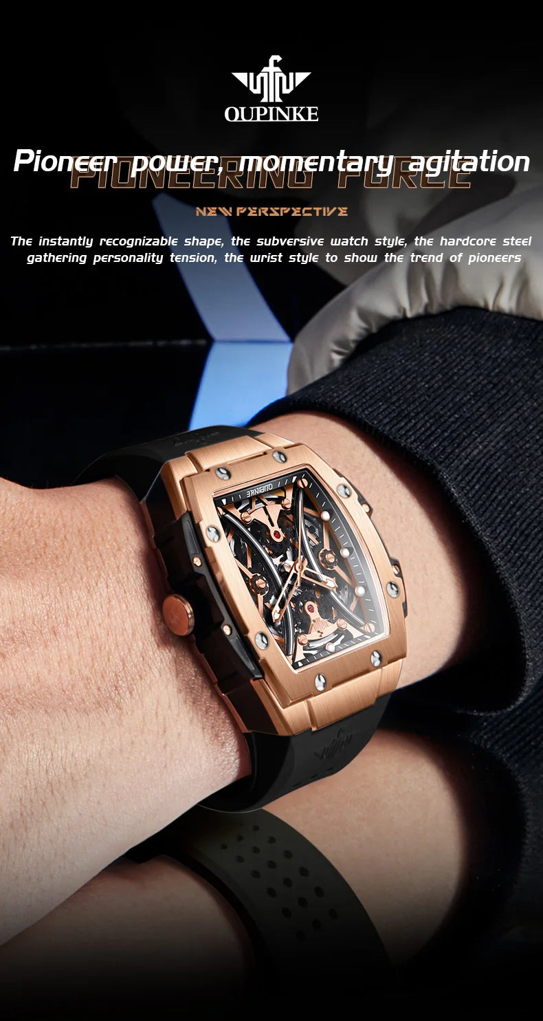 OUPINKE Men's Watches Classic Luxury Tonneau Dial Top Brand Original Automatic Mechanical Wristwatch Silicone Strap Sapphire New