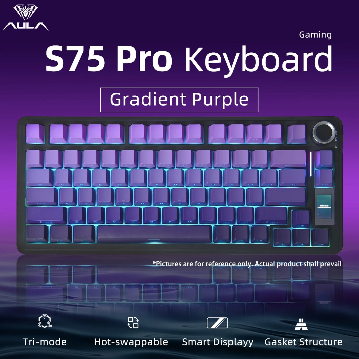 Tastiera meccanica AULA S75 PRO 75% layout personalizzato, retroilluminazione RGB, wireless Bluetooth, tastiera da gaming con schermo e manopola