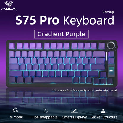 Tastiera meccanica AULA S75 PRO 75% layout personalizzato, retroilluminazione RGB, wireless Bluetooth, tastiera da gaming con schermo e manopola