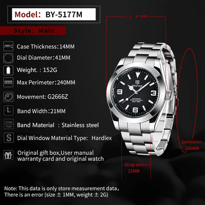 BENYAR 2025 Neue automatische mechanische Herrenuhr, Business-Sport-Luxus-Herrenuhr, 50M wasserdichte Uhr, Relogios Masculino