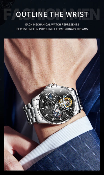 OLEVS Men’s Flywheel Skeleton Automatic Watch Starry Sky Dial, Luminous Mechanical Movement & Waterproof Business Wristwatch