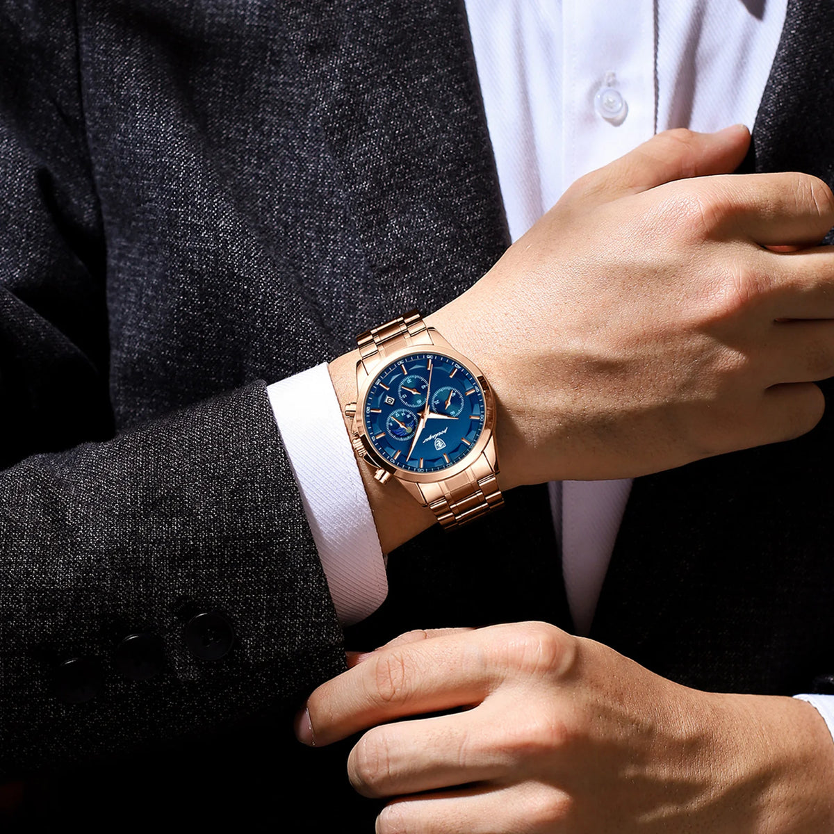 Orologio da polso di lusso da uomo POEDAGAR, stile militare, impermeabile, luminescente, cronografo, in acciaio inossidabile, al quarzo, con custodia.