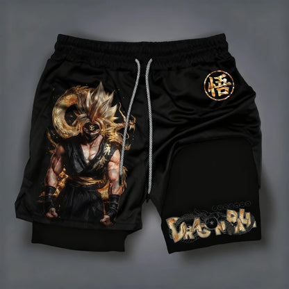 2026 Summer Dragon Ball  Goku Wolf Samurai 2-in-1 Gym Shorts 100% Cotton Oversized Fitness Retro Streetwear Unisex  Adults Kids