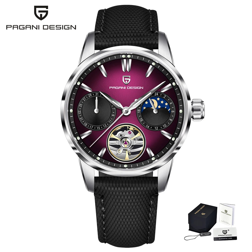 PAGANI DESIGN – Orologio meccanico di lusso da uomo, 41 mm, vetro zaffiro, cinturino in pelle, impermeabile, stile pilota, con tourbillon e fasi lunari