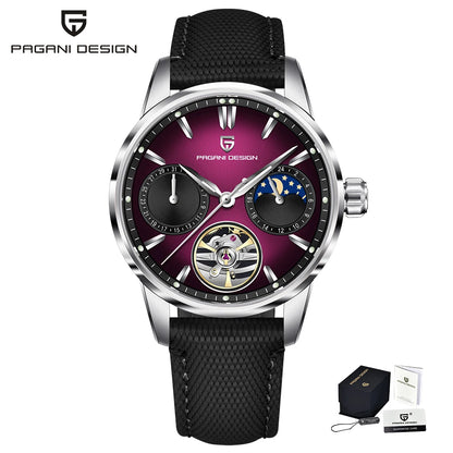 PAGANI DESIGN – Orologio meccanico di lusso da uomo, 41 mm, vetro zaffiro, cinturino in pelle, impermeabile, stile pilota, con tourbillon e fasi lunari