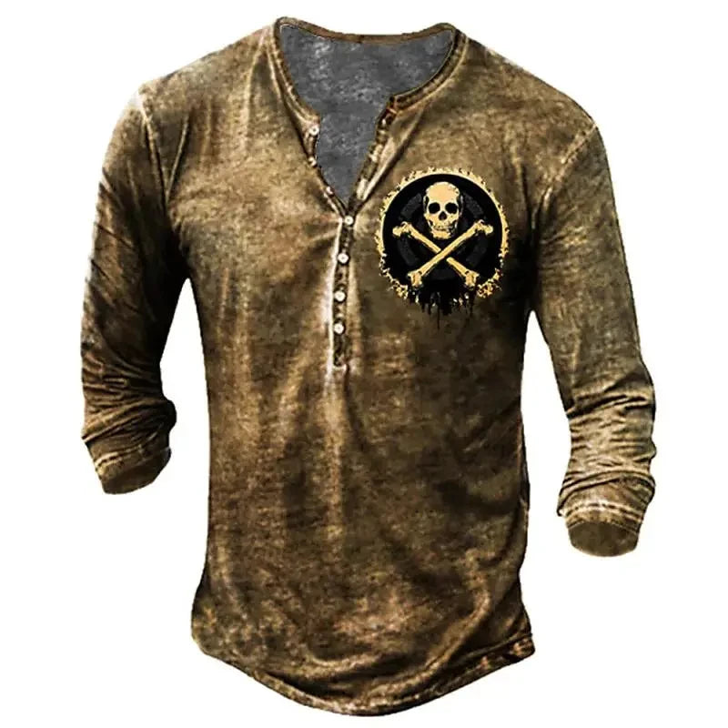 Autumn Skull Henley Shirt 3D Print Streetwear Men's Fashion Vintage Long Sleeve Button T Shirt Men's T Shirt Tops Clothing