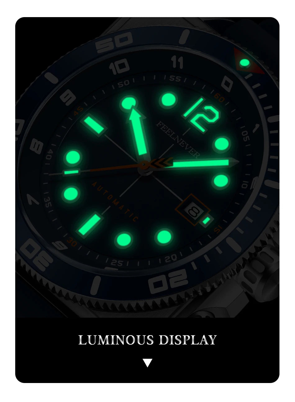 Orologio subacqueo automatico FeelNever 8215 da uomo, super luminoso, in acciaio 316, con vetro zaffiro, orologio sportivo meccanico maschile