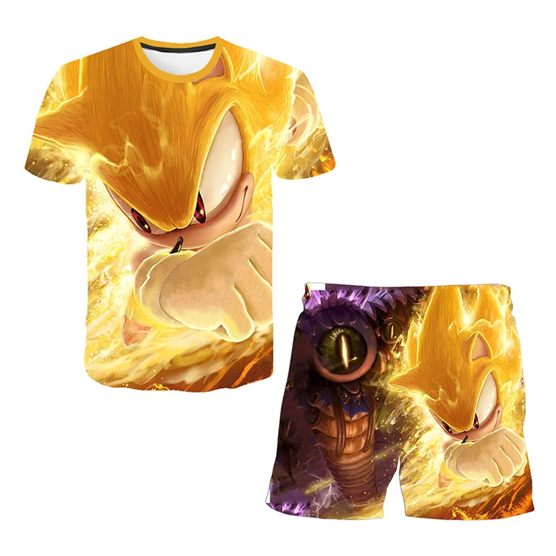 2026 Sonic The Hedgehog 3D T-shirt Set for Boys and Girls: Cute Summer Top + Shorts - Children's Short-Sleeve Birthday Gift