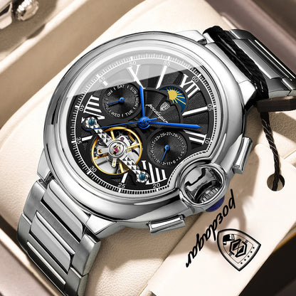 Reloj de lujo para hombre POEDAGAR: modelo automático mecánico con indicador de fecha y día, correa de piel, tourbillon, resistente al agua, estilo elegante y profesional.