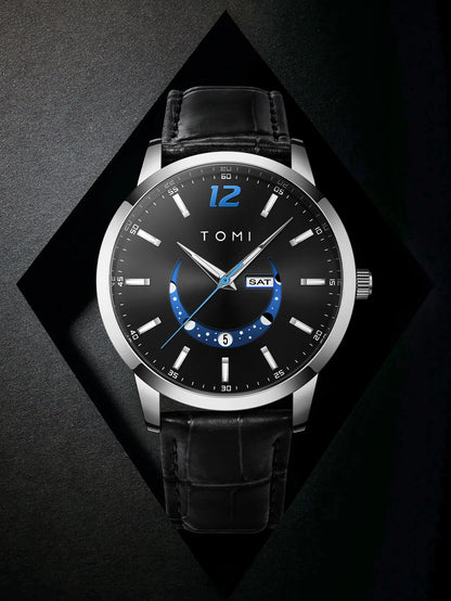 Montre à quartz TOMI, style business et élégant, avec bracelet en cuir, boîtier en alliage et cadran à aiguilles – Design haut de gamme, idée cadeau pour homme